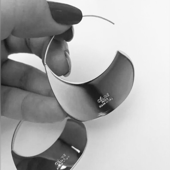 CELINE Phoebe Philo Disc Hoop Earrings Must Have White Gold Plated - Picture 3 of 4